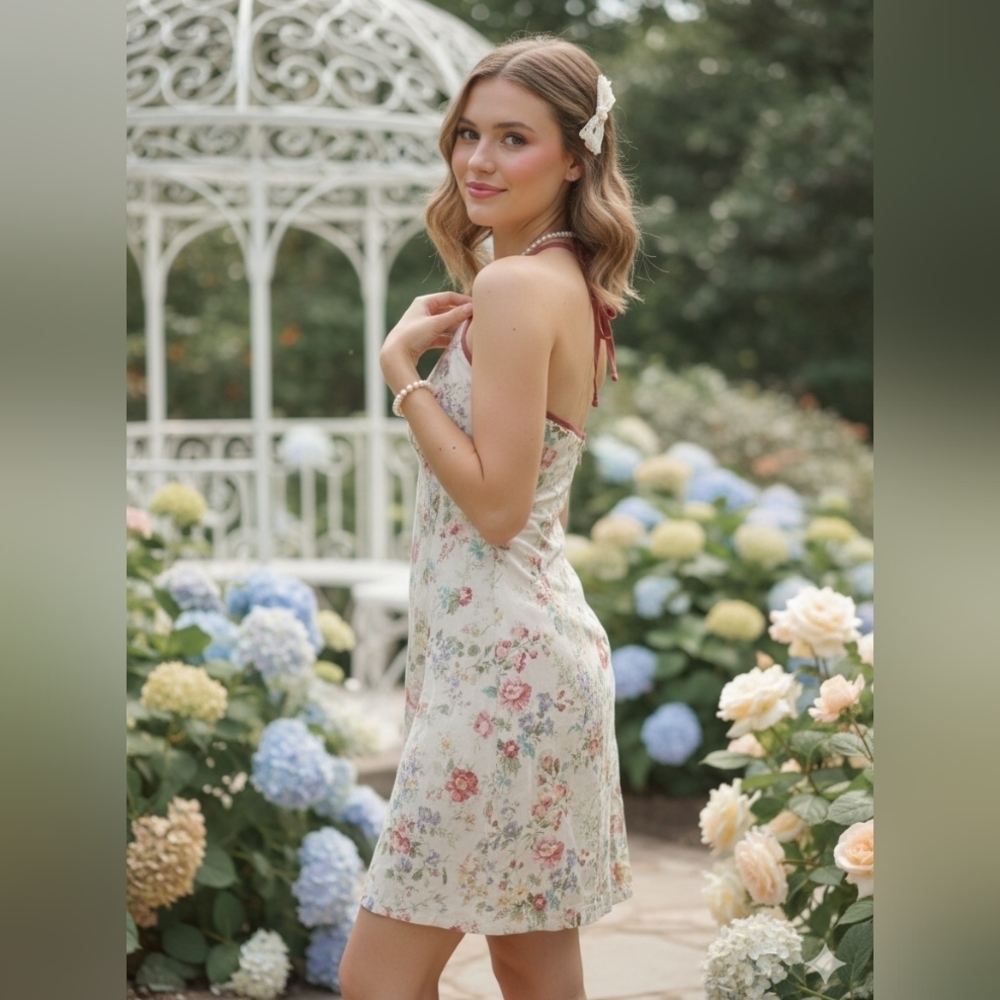 Vintage Y2k Ralph Lauren Dress Small Floral Babydoll Halter Cottagecore Coquette